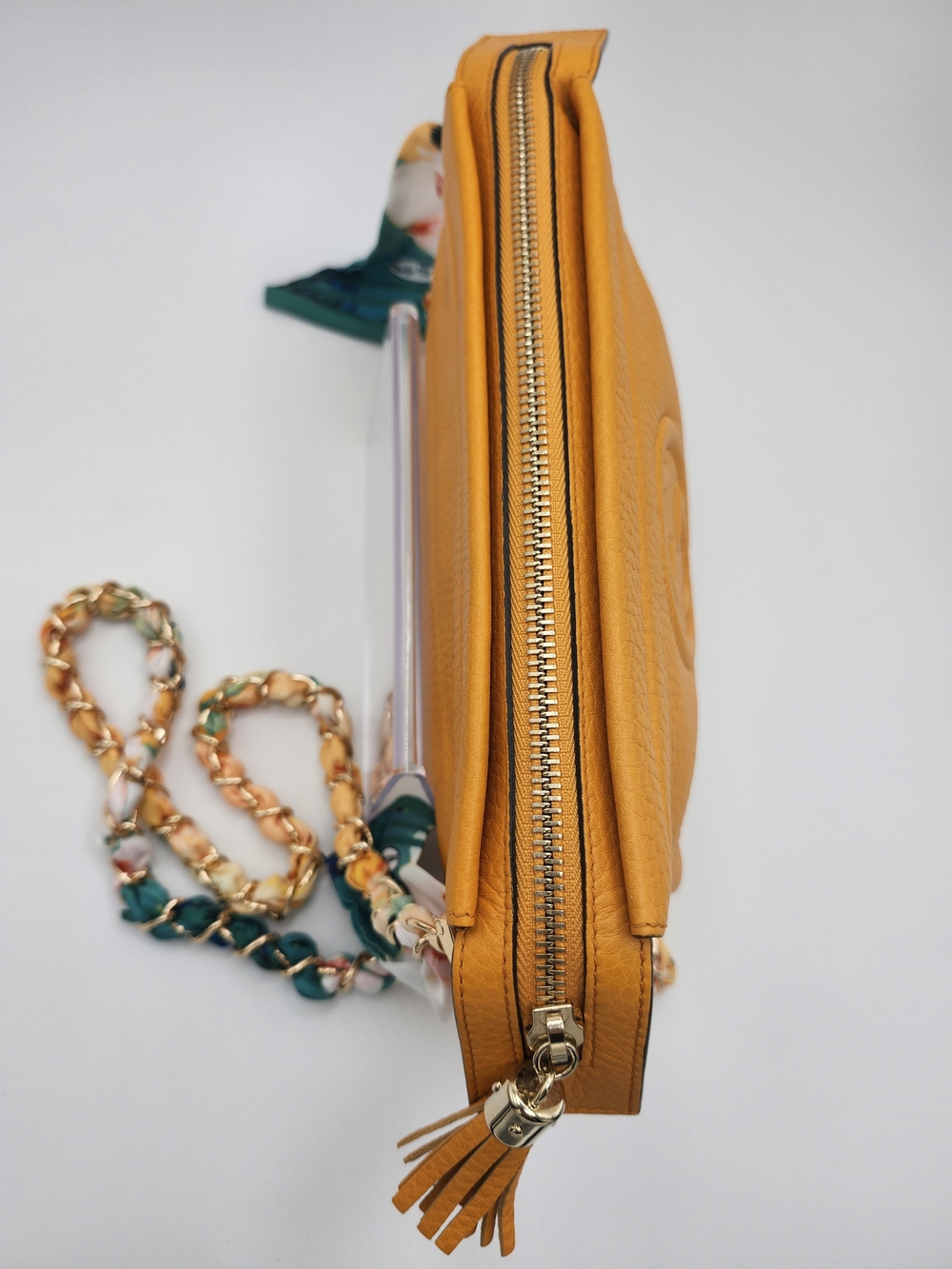 Gucci Soho Cosmetic Clutch Bag Yellow/Orange Leather W Chain & Cert Of Authen - Picture 5 of 16